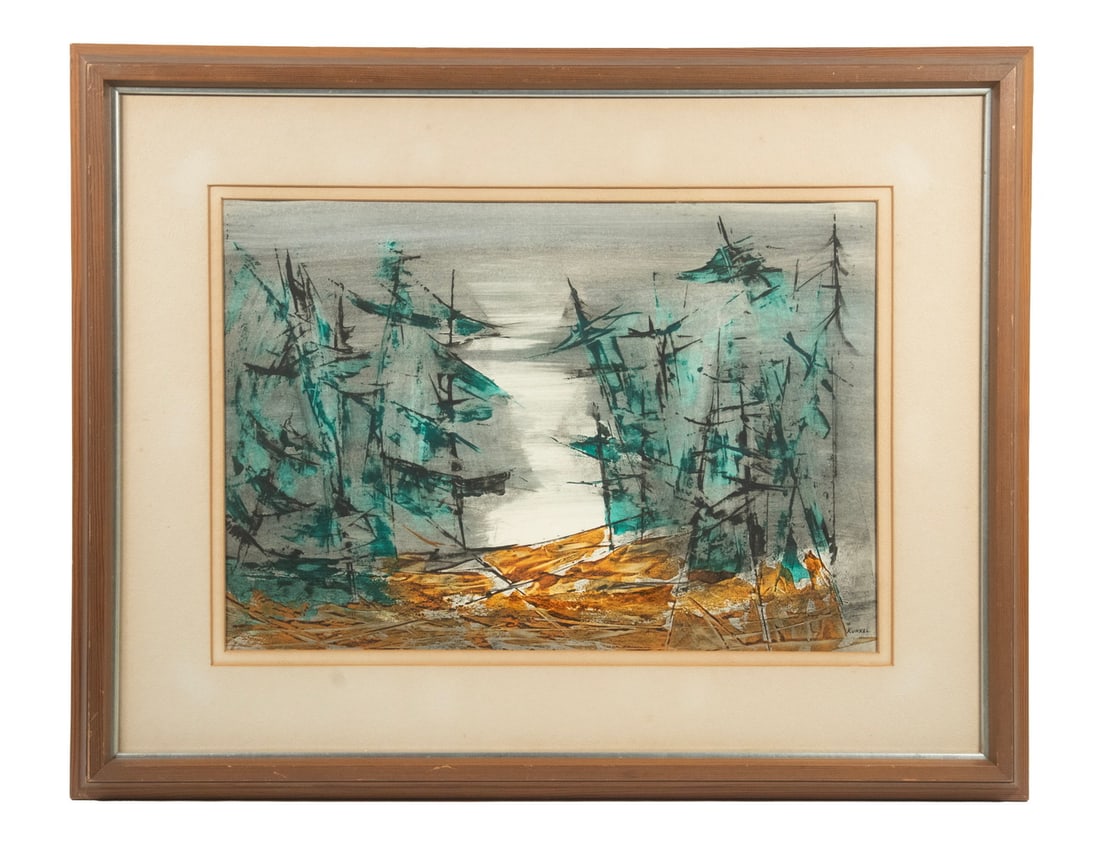 GEORGE KUNKEL (ME/MD, 1922-1984): GEORGE KUNKEL (ME/MD, 1922-1984) "Pine Break," polymer and litho crayon on paper, signed lower right, titled verso. In mahogany reverse mitered frame with silver lining, matted under glass. OS: 21 1/2