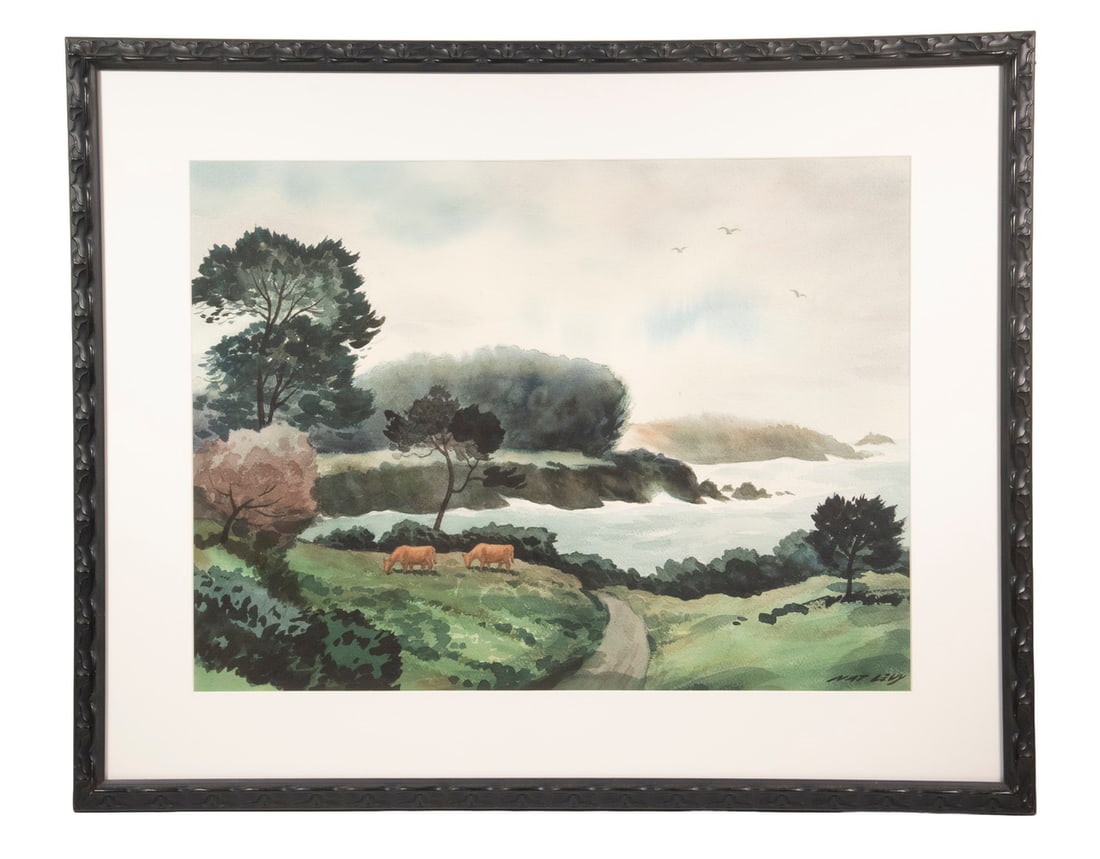 NAT LEVY (CA, 1896-1964): NAT LEVY (CA, 1896-1964) Northern California Coast with Cows, watercolor on paper, signed lower right, in black frame, matted under plexi. OS: 25 x 31 x 1 in. (63.5 x 78.7 x 2.5 cm.), SS: 17 x 23 in. 