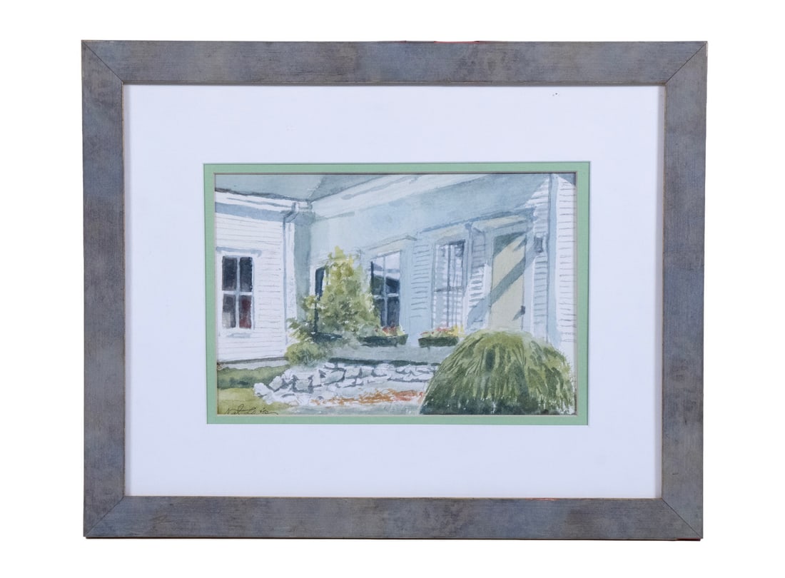 NAT LEWIS (AKA NATALIE BRUSH, ME, 1925-2015): PAULINE W. KRUETZFELDT (NY/GERMANY, 1947 - ) White Flowers in Green Vase against Blue Walls, watercolor on board, signed lower left. In silver gesso frame, matted under glass. Minor losses to frame.