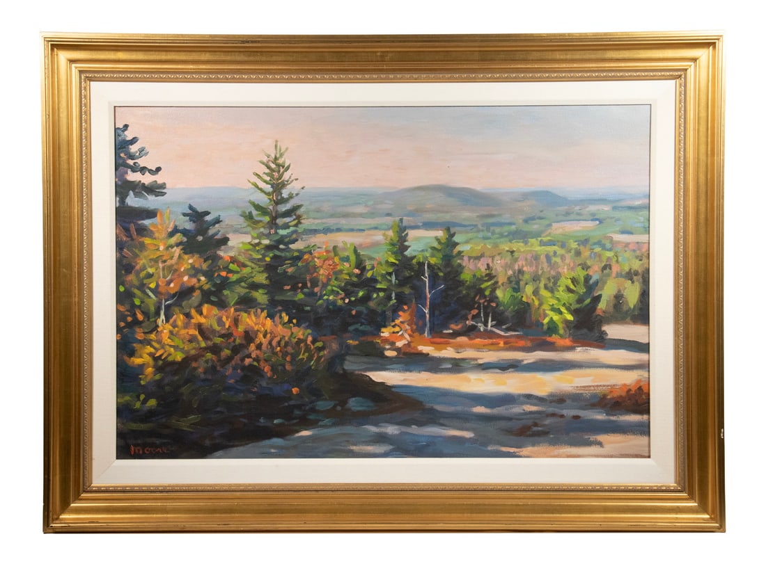 SCOTT MOORE (ME/DC, 1953 -): HELEN ST. CLAIRE (ME, 1931-2022) "Fish Market," oil on panel, signed lower right. In gold, mahogany and ebony frame. St. Claire attended Brown University and the Rhode Island School of Design before