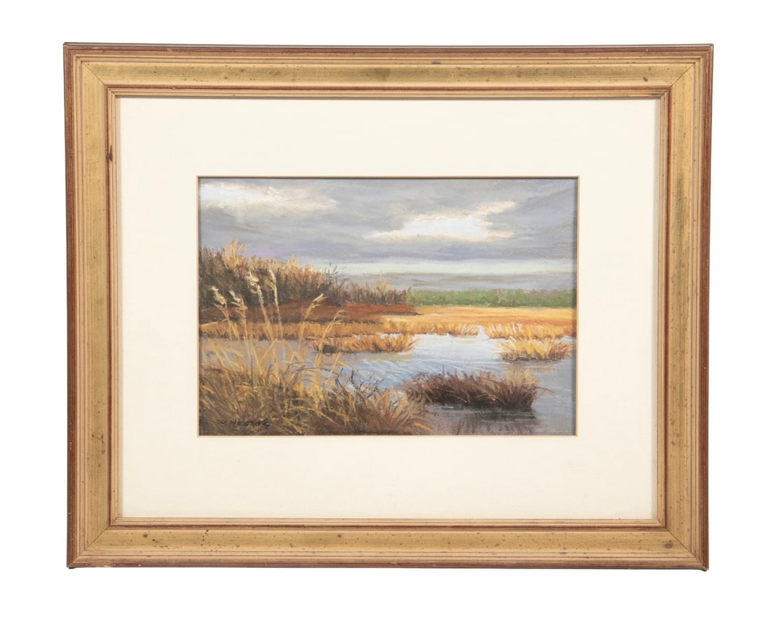 VANESSA NESVIG (ME, CONTEMPORARY): VANESSA NESVIG (ME, CONTEMPORARY) "Laudholm Sketch," pastel on paper, signed lower left, a lovely image of a Maine marsh landscape. In a gilded wooden frame with cream colored mat. OS: 13 x 16 in. (33