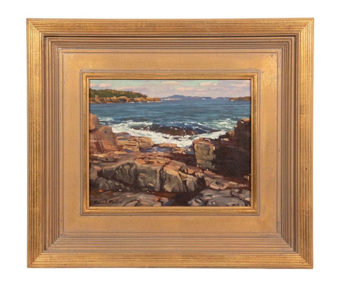 RONAL A. PARLIN (ME, 1956 -): RONAL A. PARLIN (ME, 1956 - ) "Swell," oil on linen laid to luan, signed lower left, also signed, titled and dated 2000 verso. Inscribed "This is a view from near Otter Cliffs, looking across to Great