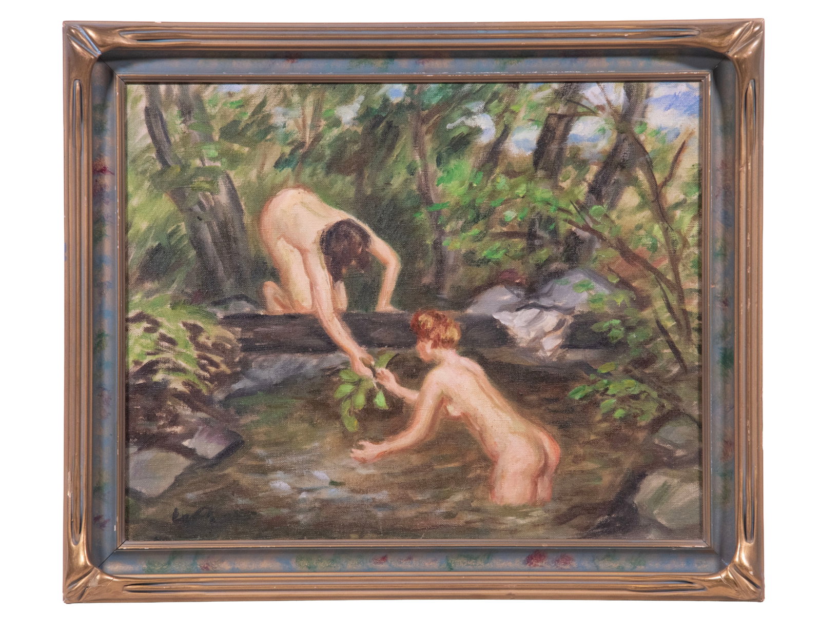 WALDO PEIRCE (NY/ME/MA, 1884-1970): WALDO PEIRCE (NY/ME/MA, 1884-1970) "Brook Bathers," oil on canvas, initialed lower left, titled and signed verso, dated '46, also with Midtown Galleries label. In green and silver molded frame, linen 