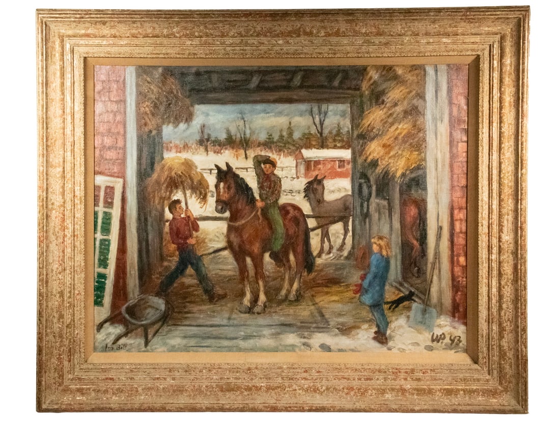 WALDO PEIRCE (MA/UK/ITALY, 1856-1925): WALDO PEIRCE (MA/UK/ITALY, 1856-1925) "Thanksgiving, Nov 43," a family farm scene of his three kids and horses in barn, oil on canvas, initialed and dated lower right, titled and signed verso, marked 