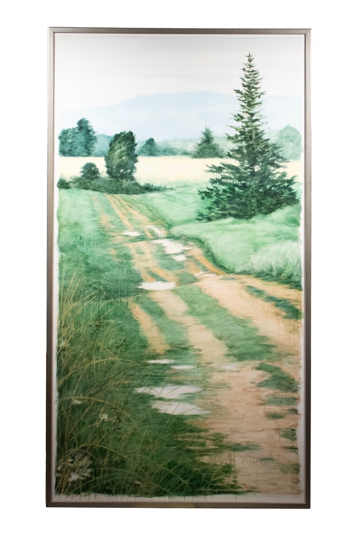 MARGUERITE ROBICHAUX (STRATTON, ME. 1950-): MARGUERITE ROBICHAUX (STRATTON, ME. 1950- ) "Afternoon Showers," a monumental oil on canvas depicting a receding rutted road passing over low hills, signed lower right, titled on stretcher, and on lab