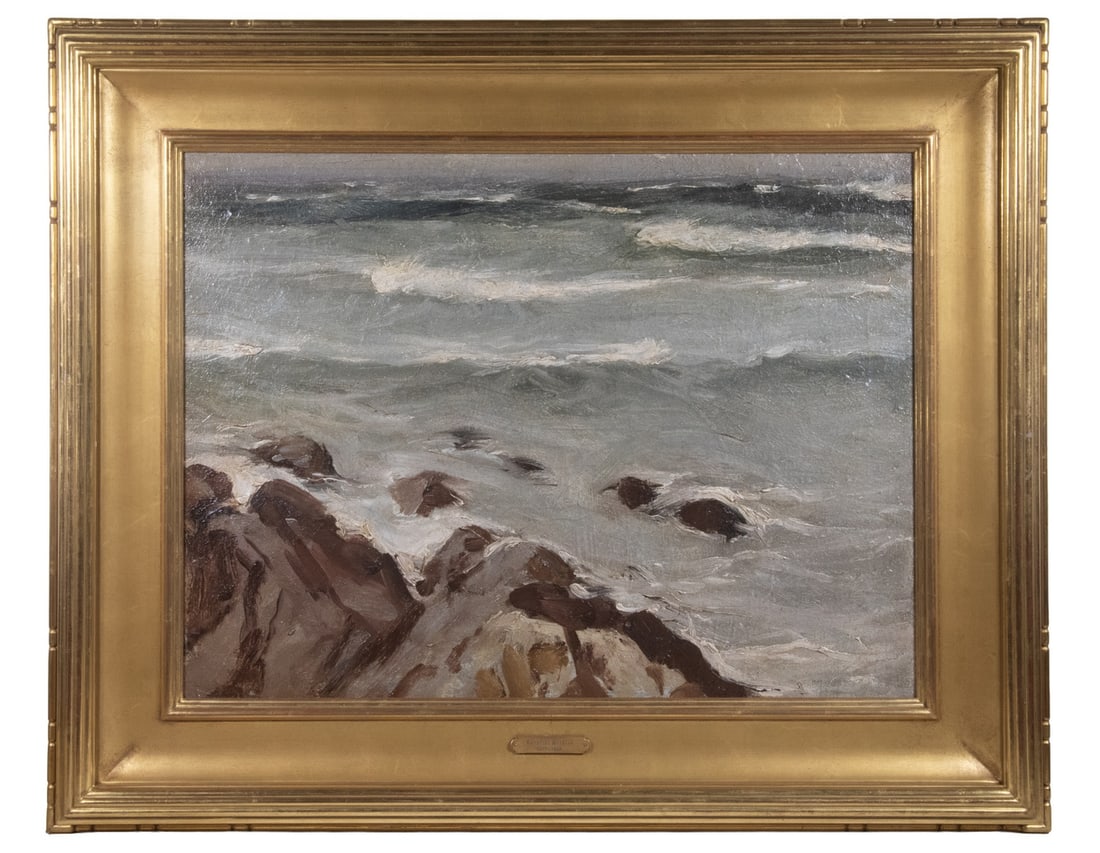 CAROLINE STEHLIN (NY/ME, 1877-1928): CAROLINE STEHLIN (NY/ME, 1877-1928) "Ogunquit Shore," Oil on canvas, signed lower right, titled on label verso. In replica gilt Arts & Crafts cove frame with name tag. Repaired tear center left,