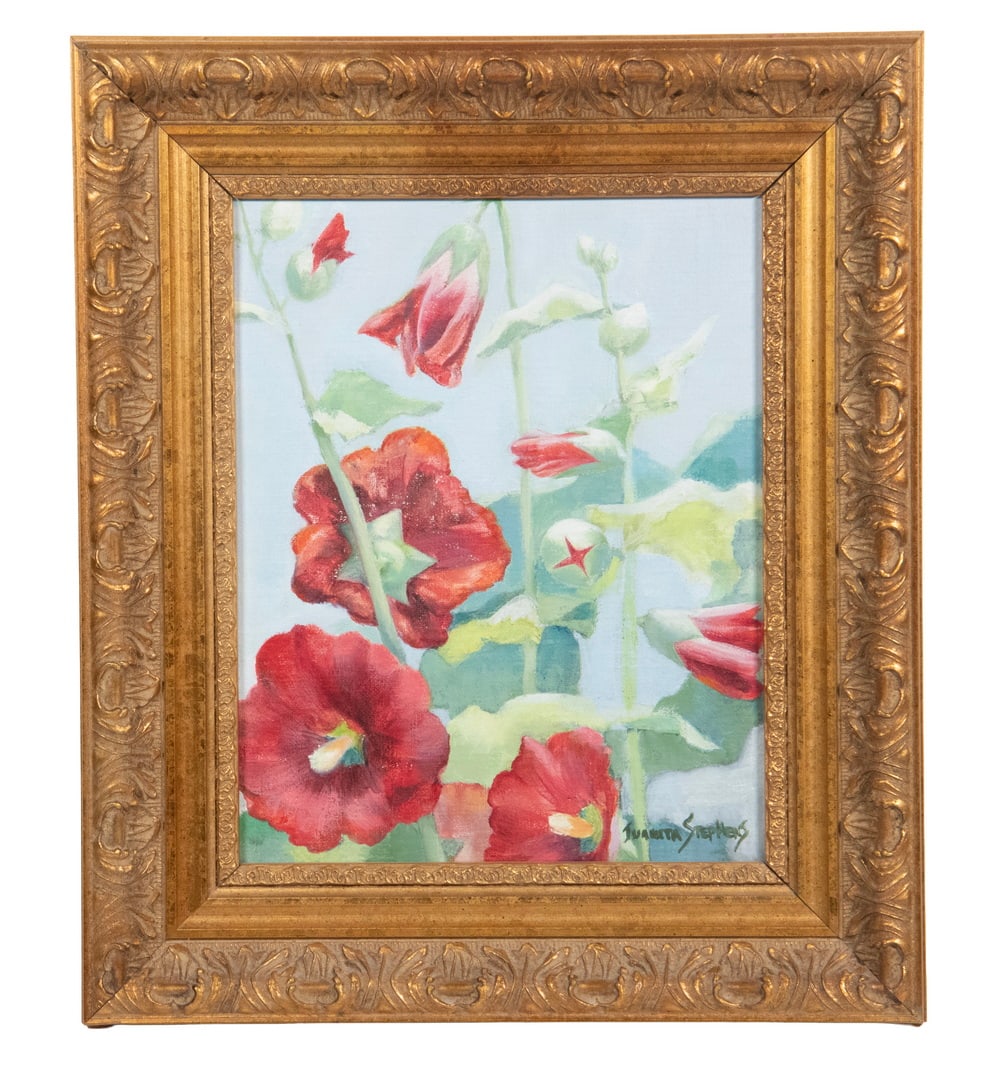 JUANITA STEPHENS (MACHIAS, ME, 1918-2018): JUANITA STEPHENS (MACHIAS, ME, 1918-2018) Small "Close Up Holly Hocks," oil on canvas, signed lower right, also signed and titled verso. In faux gold gesso frame. OS: 14 x 12 x 1 1/2 in. (35.6 x 30.5