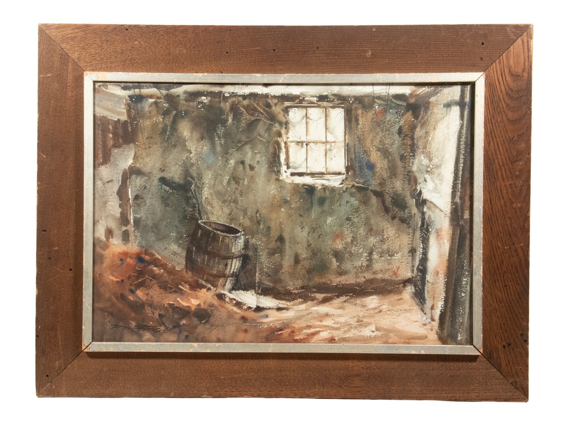 DON STONE (ME, 1929-2015): DON STONE (ME, 1929-2015) Barn Interior, watercolor on Arches paper, signed lower left. In wormy elm mitered frame with silver liner, under non-glare glass. OS: 20 x 26 1/2 x 2 in. (50.8 x 67.3 x 5.1