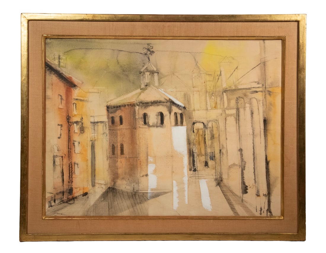 WILLIAM THON (ME/NY/ITALY, 1906-2000): WILLIAM THON (ME/NY/ITALY, 1906-2000) "Tribuna of the Uffizi," mixed media on board, signed lower left corner, label verso from Midtown Galleries, 17 East 47th St, NY. In gilt box frame with broad lin