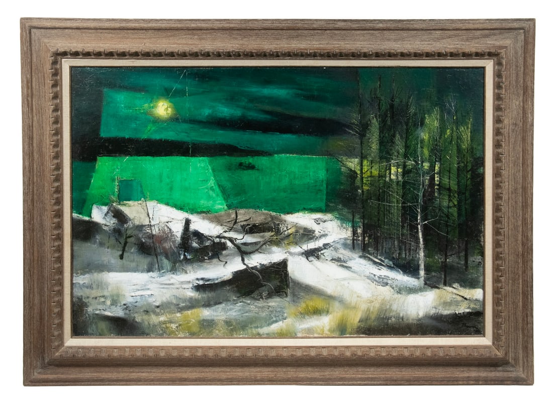 WILLIAM THON (ME/NY/ITALY, 1906-2000): WILLIAM THON (ME/NY/ITALY, 1906-2000) "A Cold Sun", oil on board, signed lower right. In a distressed carved wood flat panel frame w/ linen liner and gold lip. From the estate of Linda Bean. OS: 32 x