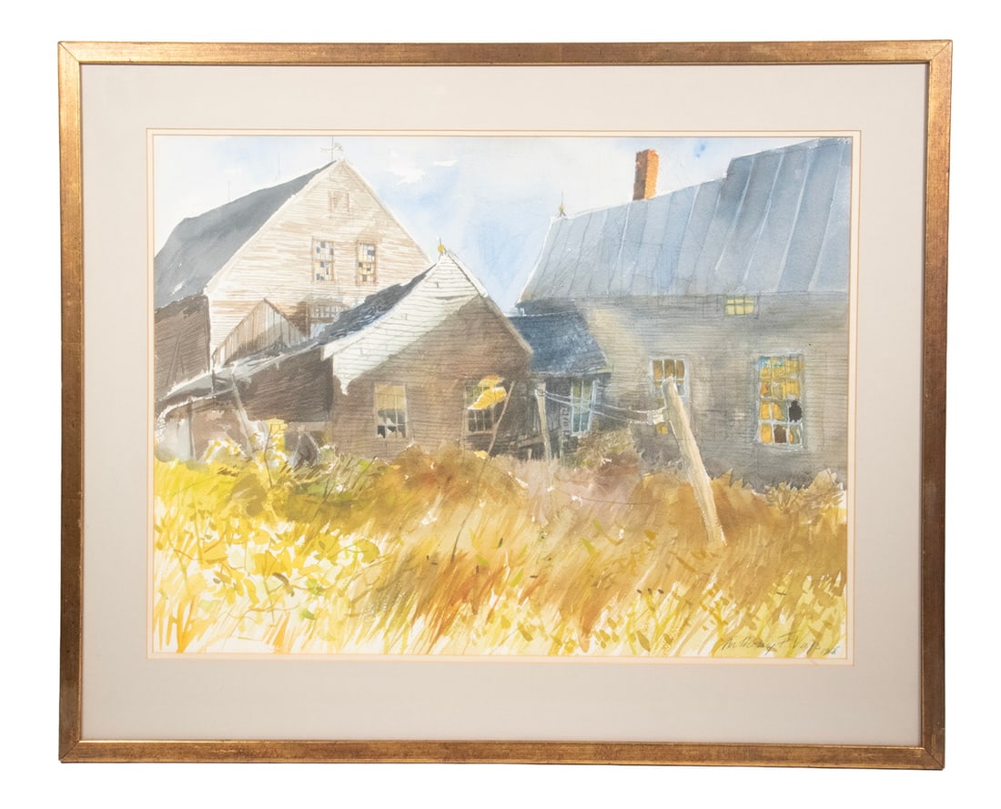 ANTHONY VAJS (ME, 1939-1979): ANTHONY VAJS (ME, 1939-1979) "The Dolloff House, Mt. Vernon, Maine," 1961, watercolor on Arches paper, signed lower right, titled, signed and dated verso in the artist's hand. In gold box frame, matte