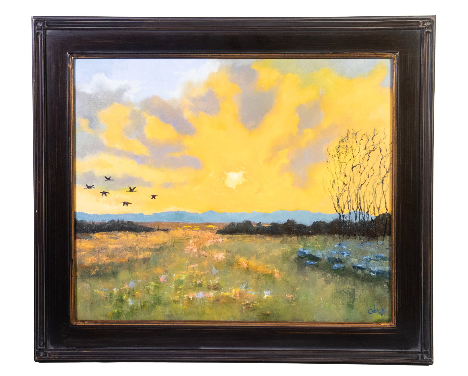 CALI VEILLEUX (CONTEMPORARY MAINE): CALI VEILLEUX (CONTEMPORARY MAINE) "Blazing Sun," depicting fowl flying over wetlands under dramatic light, oil on canvas, signed lower right, dated '24. In dark replica Arts & Crafts frame. OS: 25