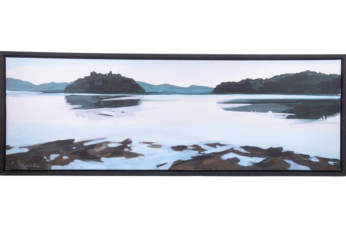SARAH WILDE (CONTEMPORARY AMERICAN): SARAH WILDE (CONTEMPORARY AMERICAN) Winter Island, oil on canvas. Signed lower left, S. Wilde. In black wood floating frame. Fine condition. OS: 13 1/4 x 37 1/4 in. (33.7 x 94.6 cm.), SS: 12 x 36 in. 