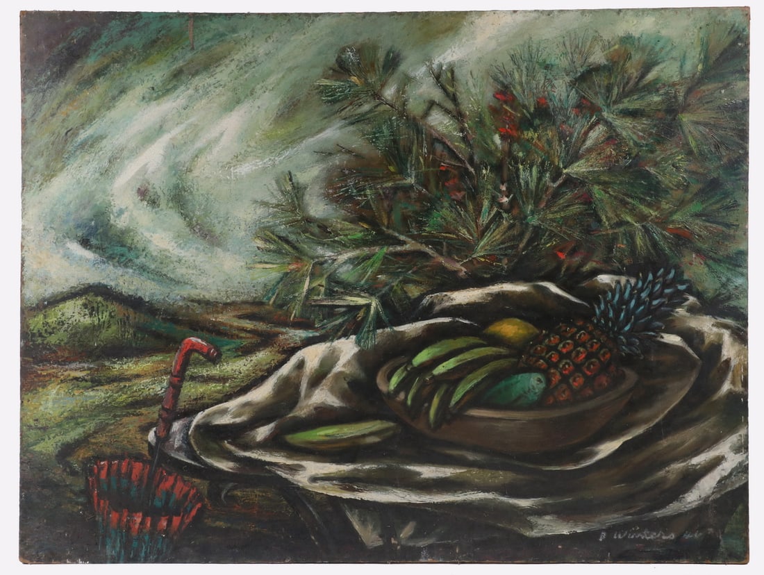 DENNY SONKE WINTERS (NY/CA/ME/MI/MEXICO, 1905-1985): DENNY SONKE WINTERS (NY/CA/ME/MI/MEXICO, 1905-1985) "Still Life with Pineapple," late 1940s, oil on masonite, signed lower right, titled verso. Unframed. Minor scuffs, corner loss. OS: 30 1/4 x 40 in.