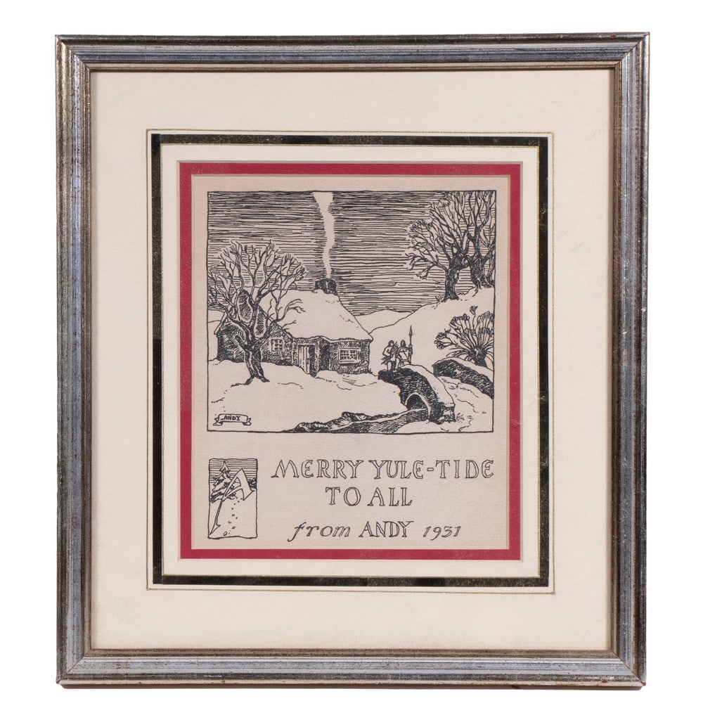 ANDREW WYETH (PA/ME, 1917-2009): ANDREW WYETH (PA/ME, 1917-2009) Christmas Card by the 14 year old artist, depicting a cottage under snow, captioned "Merry Yule-Tide to All from Andy, 1931." In gilt stick frame, matted under glass. O