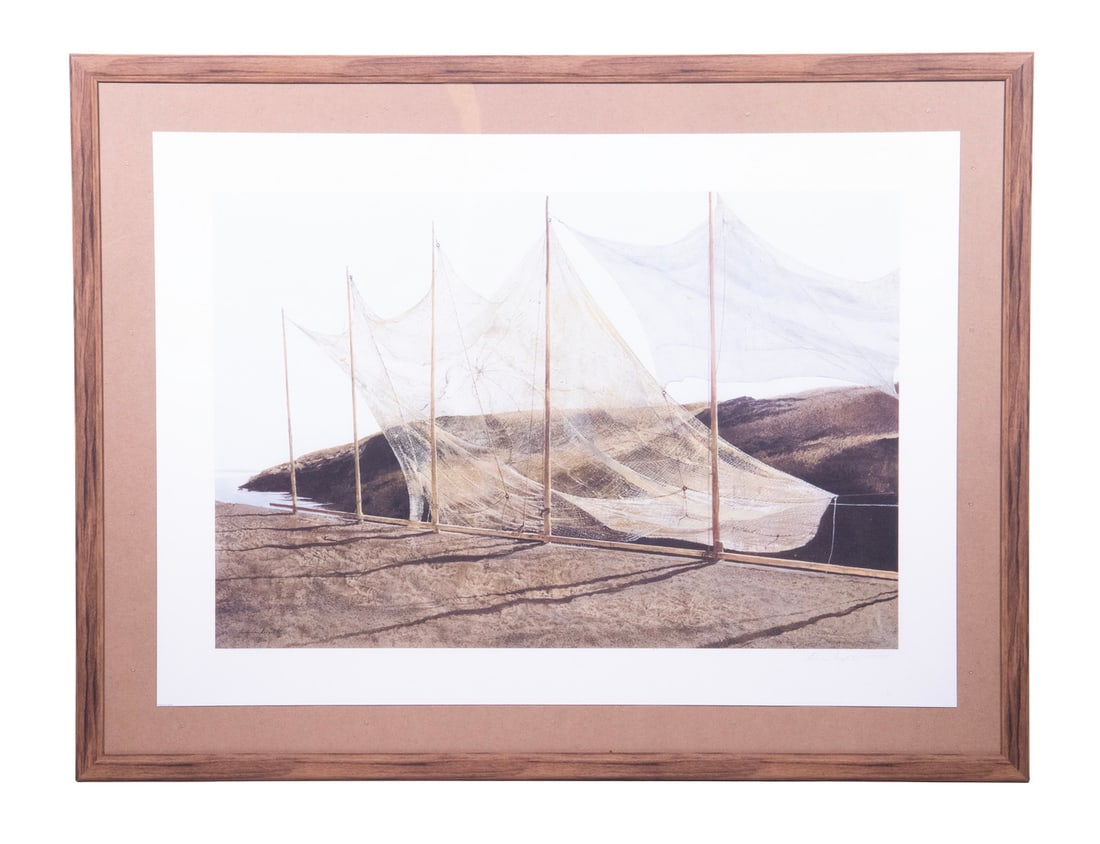 ANDREW WYETH (PA/ME, 1917-2009): ANDREW WYETH (PA/ME, 1917-2009) "Pentecost," depicting drying nets, collotype, pencil signed and numbered 21/300. In temporary faux oak frame, floating loose, under thin plastic sheet. OS: 32 x 42 x 1