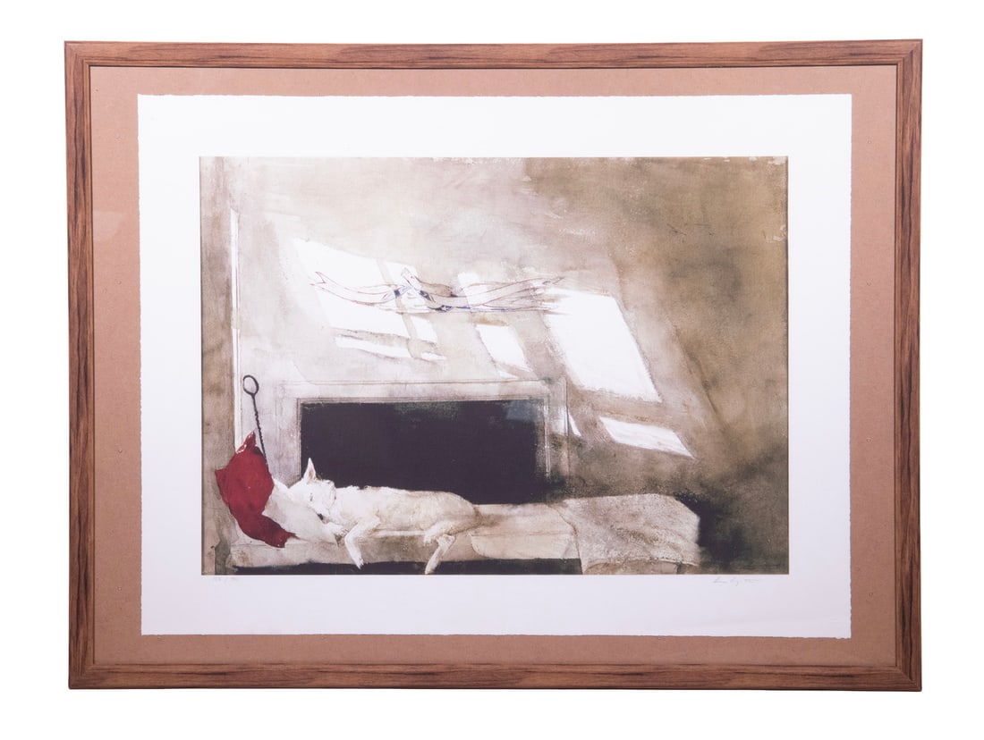 ANDREW WYETH (PA/ME, 1917-2009): ANDREW WYETH (PA/ME, 1917-2009) "Southern Comfort," depicting his dog Nome, 1997, collotype, numbered 156/300, in temporary faux oak frame, floating loose under thin plastic sheet. Embossed lower righ
