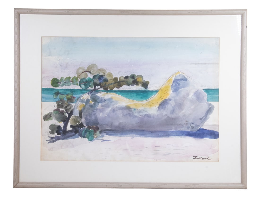 WILLIAM ZORACH (NY/CA/ME, 1887-1966): CARROLL THAYER BERRY (ME, 1886-1978) "Bass Harbor Light, Maine Coast," two-color woodblock print, pencil signed and titled. In maple stick frame, matted under glass. OS: 17 x 20 in. (43.2 x 50.8 cm.),