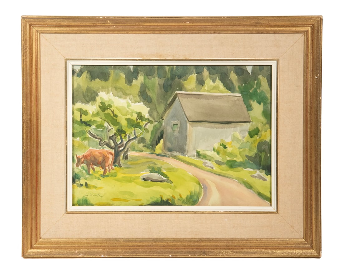 WILLIAM ZORACH, (NY/CA/ME, 1887-1966): WILLIAM ZORACH, (NY/CA/ME, 1887-1966) Landscape with Barn on Curved Road, Cow in Orchard; watercolor on paper, signed lower left and dated 1961. In gilt molded frame with linen liner, under glass. Wil