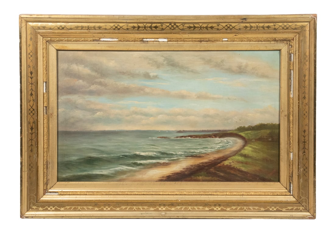 AMERICAN NAIVE LANDSCAPE PAINTING: AMERICAN NAIVE LANDSCAPE PAINTING Pocket Beach, probably Maine, oil on canvas, unsigned, marked "July 4th, 1876" lower right corner. In etched lemon gold molded frame. Small losses to frame. OS: 17 1/