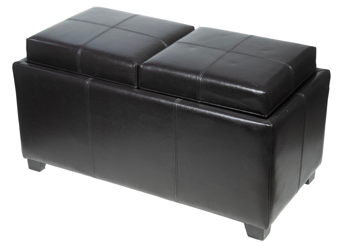 CONTEMPORARY COCKTAIL TABLE WITH INTERIOR STORAGE: CONTEMPORARY COCKTAIL TABLE WITH INTERIOR STORAGE Black Faux Leather Upholstered Coffee Table, having a cushioned top with decorative stitching, two lift-out top mounted trays with side handles and