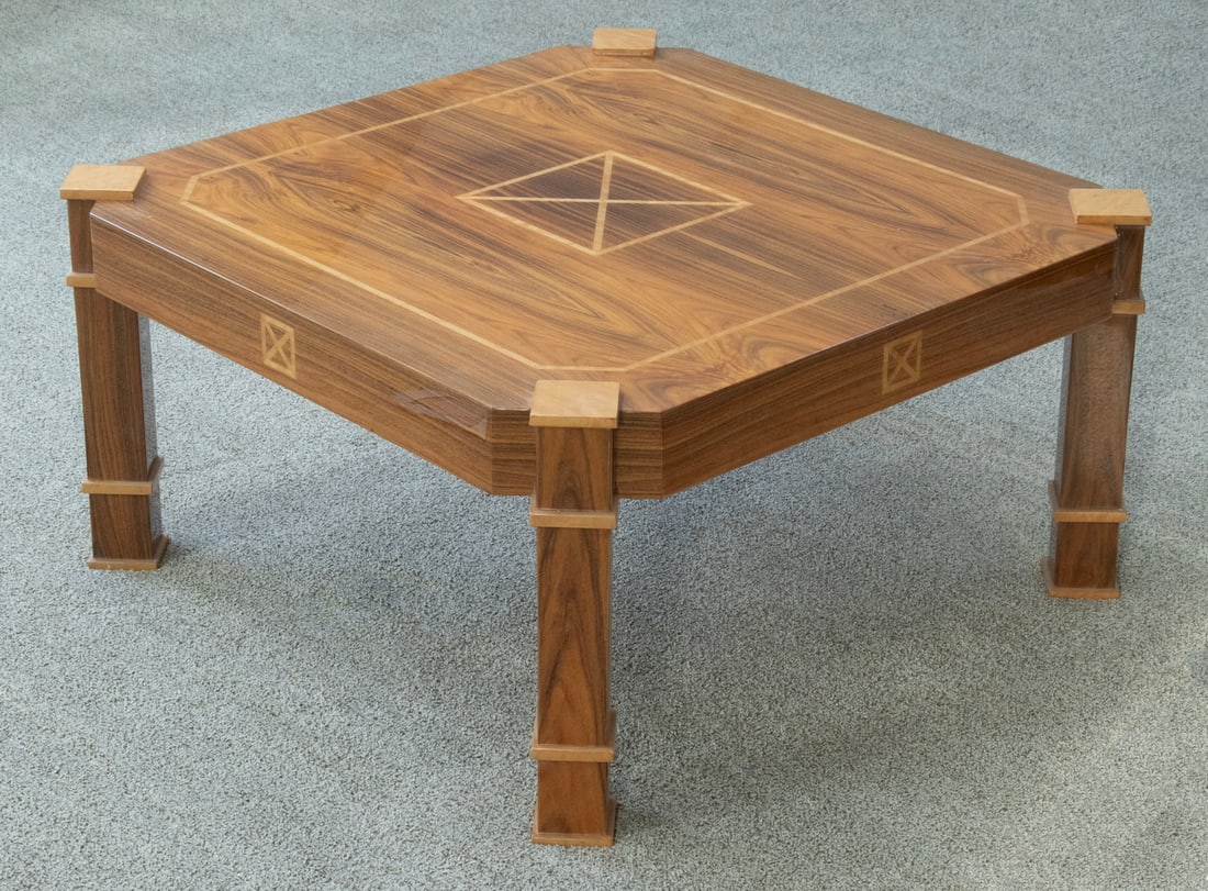LA LINEA ROSEWOOD COFFEE TABLE: LA LINEA ROSEWOOD COFFEE TABLE Italian Custom Crafted Inlaid Square Cocktail Table, in rosewood and natural Birdseye gloss finish. Original cost $1,735, with copy of purchase receipt. 16 1/2 x 31 1/2
