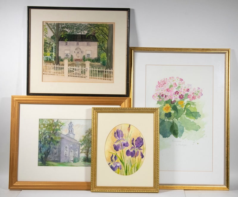 (4) FRAMED WATERCOLORS/PASTEL OF FLOWERS AND BUILDINGS, 20TH CENTURY: (4) FRAMED WATERCOLORS/PASTEL OF FLOWERS AND BUILDINGS, 20TH CENTURY Including: "Primrose" by C. Phillips, in gold molded frame, matted and glazed, OS: 27" x 19", SS: 20" x 13"; PLUS Purple Irises by