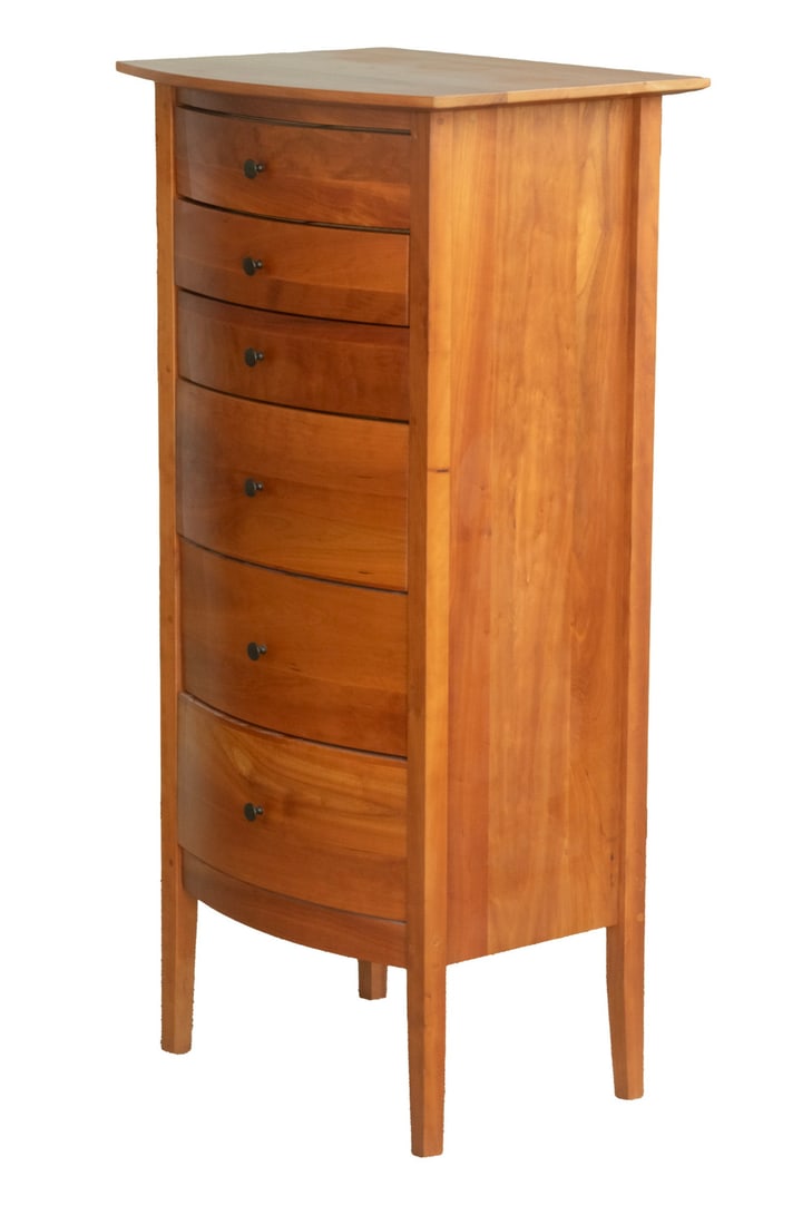 POMPANOOSUC MILLS FURNITURE LINGERIE CHEST: POMPANOOSUC MILLS FURNITURE LINGERIE CHEST Custom Crafted Six-Drawer Bowfront Chest, in solid cherry and set on tapered legs, from Pompanoosuc Mills Fine Hardwood Furniture, East Thetford, VT. Signed