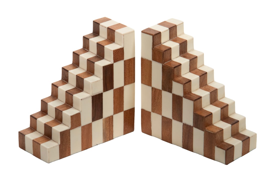 PR ART DECO STYLE CHECKERBOARD BOOKENDS: PR ART DECO STYLE CHECKERBOARD BOOKENDS A pair of geometric bookends with stepped architectural forms, decorated with a checkerboard pattern of wood and white composite panels. Modern decorative