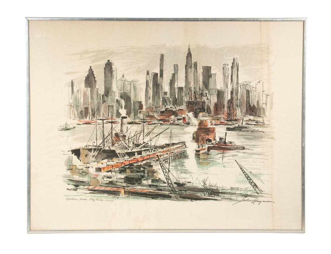 JOHN HAYMSON (DC, 1903-1980): JOHN HAYMSON (DC, 1903-1980) "Hudson River Skyline", lithograph on paper, signed and title print, in silver metal casement frame, under glass, toned line to right. Size: 20 x 26 x 1/2 in. (50.8 x 66