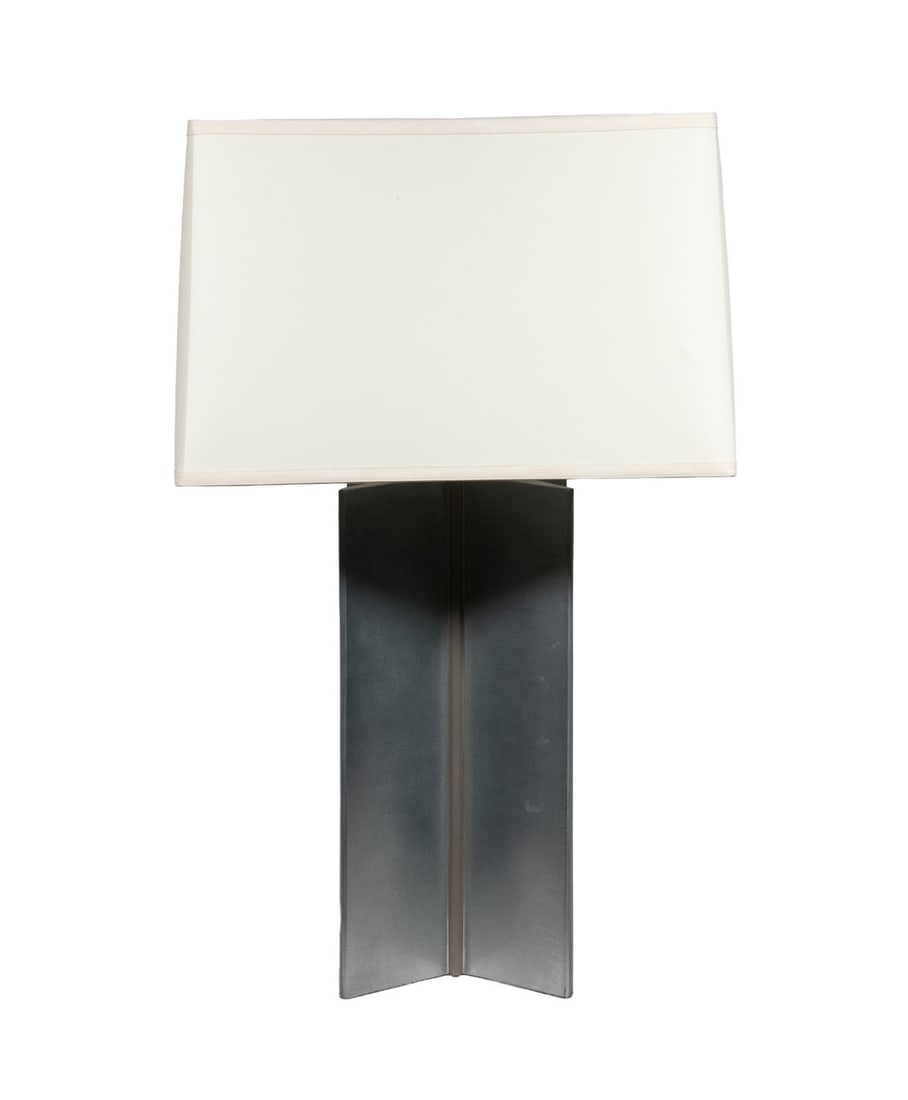 MODERNIST DESIGN METAL TABLE LAMP: MODERNIST DESIGN METAL TABLE LAMP Brushed Aluminum Finished X Design Lamp, with square paperboard shade, felted base, single socket fixture with harp. OS: 22 1/2 x 14 x 14 in. (57.2 x 35.6 x 35.6 cm.)