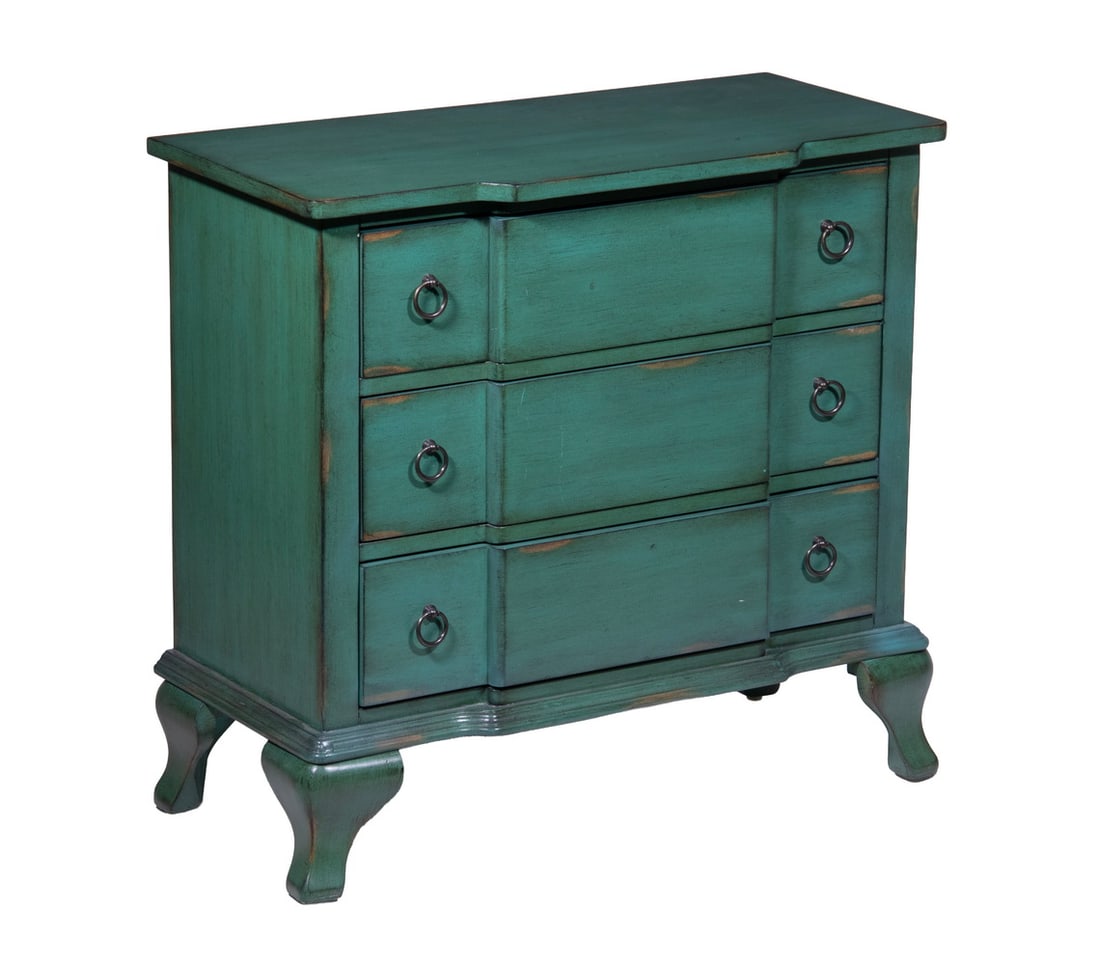 BLUE PAINTED THREE-DRAWER CHEST: BLUE PAINTED THREE-DRAWER CHEST Diminutive Chest of Drawers, with shaped top, drop ring pulls, molded edge base, set on cabriole legs. OS: 29 x 31 x 15 in. (73.7 x 78.7 x 38.1 cm.)
