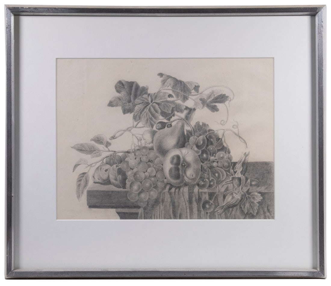 UNSIGNED VICTORIAN PENCIL STILL LIFE: UNSIGNED VICTORIAN PENCIL STILL LIFE Tabletop arrangement of pears, grapes and strawberries, rendered well in graphite, in silver mitered wood frame, matted under glass. OS: 20 x 23 in. (50.8 x 58.4