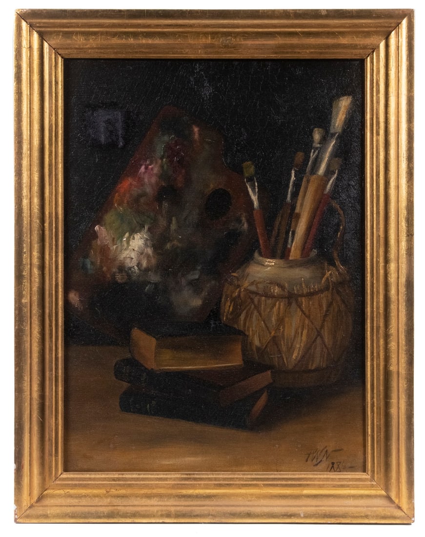 VICTORIAN STILL LIFE INITIALED "PWN, 1886": VICTORIAN STILL LIFE INITIALED "PWN, 1886" Tabletop Arrangemnt of artist's palette, crock of brushes and stack of book, oil on canvas, signed and dated lower right. In vintage lemon gold molded cove