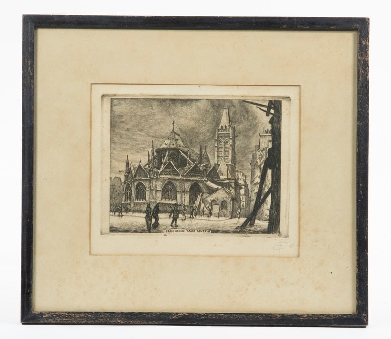UNKNOWN ARTIST: UNKNOWN ARTIST "Paris Abside (Apse) Saint Severin", etching on paper, signed lower right, in black stick frame, matted and glazed. Lightly foxed. OS: 10 1/2 x 11 1/2 in. (26.7 x 29.2 cm.), SS: 4 5/8