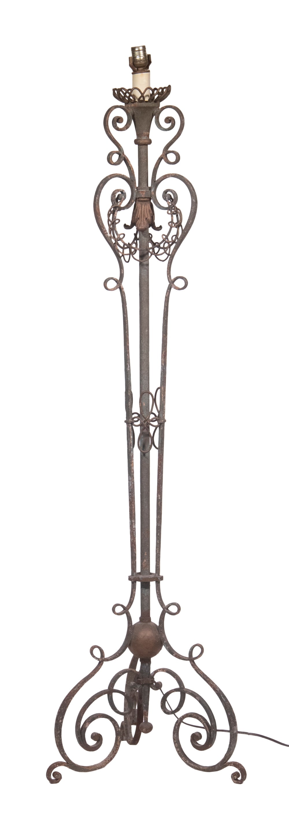 FRENCH IRON FLOOR LAMP: FRENCH IRON FLOOR LAMP Antique Scrolled Wrought Iron Lamp, with distressed painted surface, single socket fixture, modern cord with foot operated switch, set on a tripod base. OS: 62 x 17 x 17 in. (15