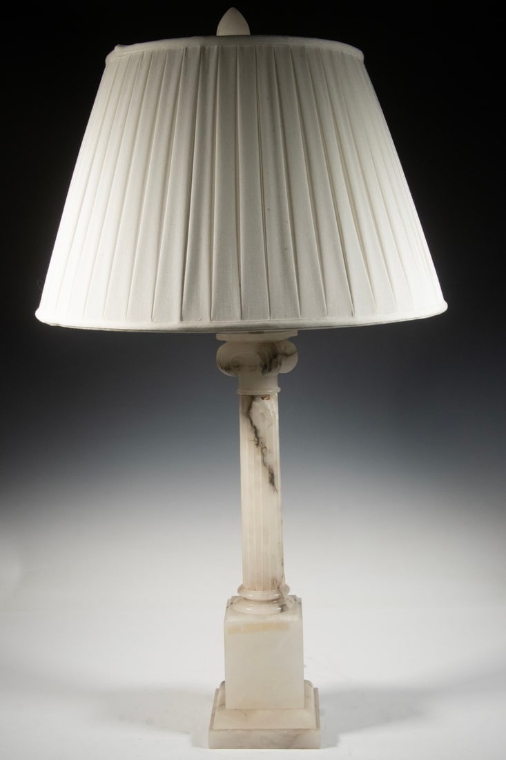 ALABASTER COLUMN-FORM TABLE LAMP WITH PLEATED SHADE (1 of 2)
