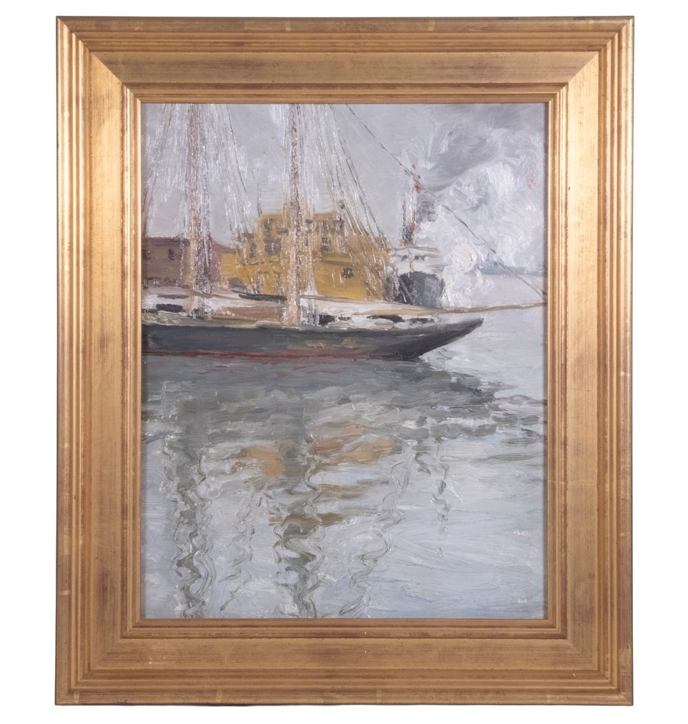 UNIDENTIFIED MARINE ARTIST, CIRCA 1910: UNIDENTIFIED MARINE ARTIST, CIRCA 1910 American Impressionist View of Schooner in Harbor, probably Maine, oil on academy board with unfinished winter landscape verso, unsigned. In replica gilt molded 