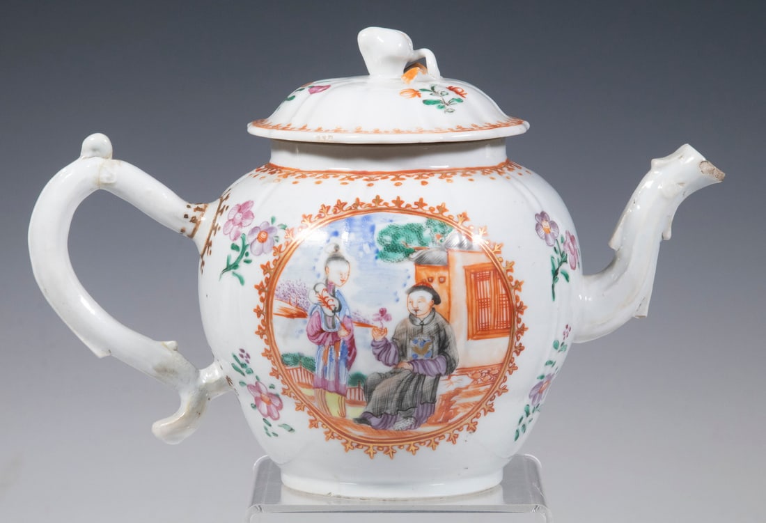 CHINESE EXPORT TEAPOT: CHINESE EXPORT TEAPOT 19th C Famille Rose Porcelain Teapot, with plum form lid finial, paneled figural decoration surrounded by floral motifs. Handle repair, spout chips. OS: 6 x 9 x 4 1/2 in. (15.2 x