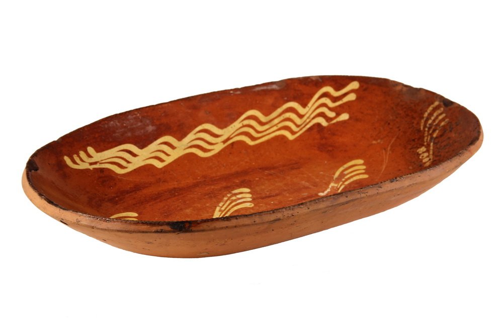 REDWARE TRAY - Early 19th c. Pennsylvania Large Loaf: REDWARE TRAY - Early 19th c. Pennsylvania Large Loaf Tray with scraffito earthworm decoration. 11 1/2" x 17 1/8". Old rim chips, knife marks.