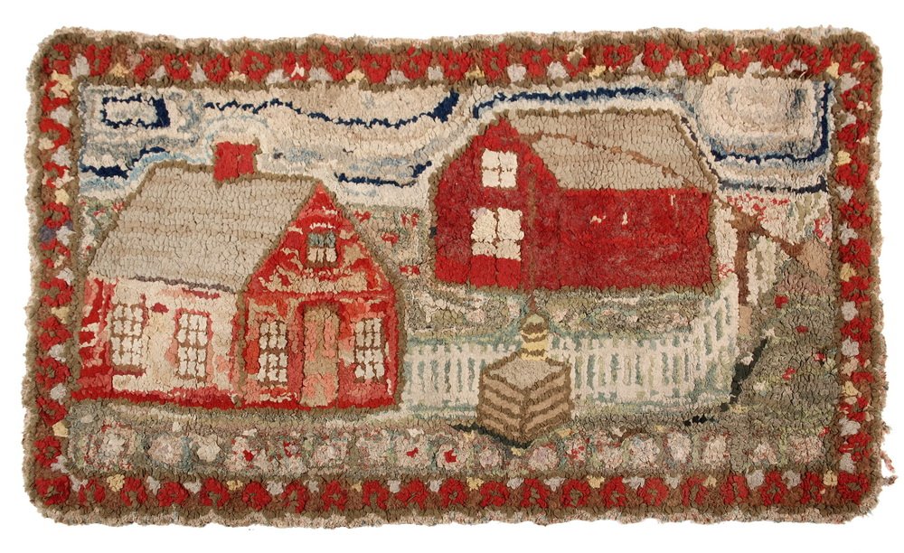 HOOKED RUG - 31 1/2" X 54 1/2" - Farmhouse, Barn and: HOOKED RUG - 31 1/2" X 54 1/2" - Farmhouse, Barn and Well, 19th c. all wool, hooked on burlap. Purchased in Maine.