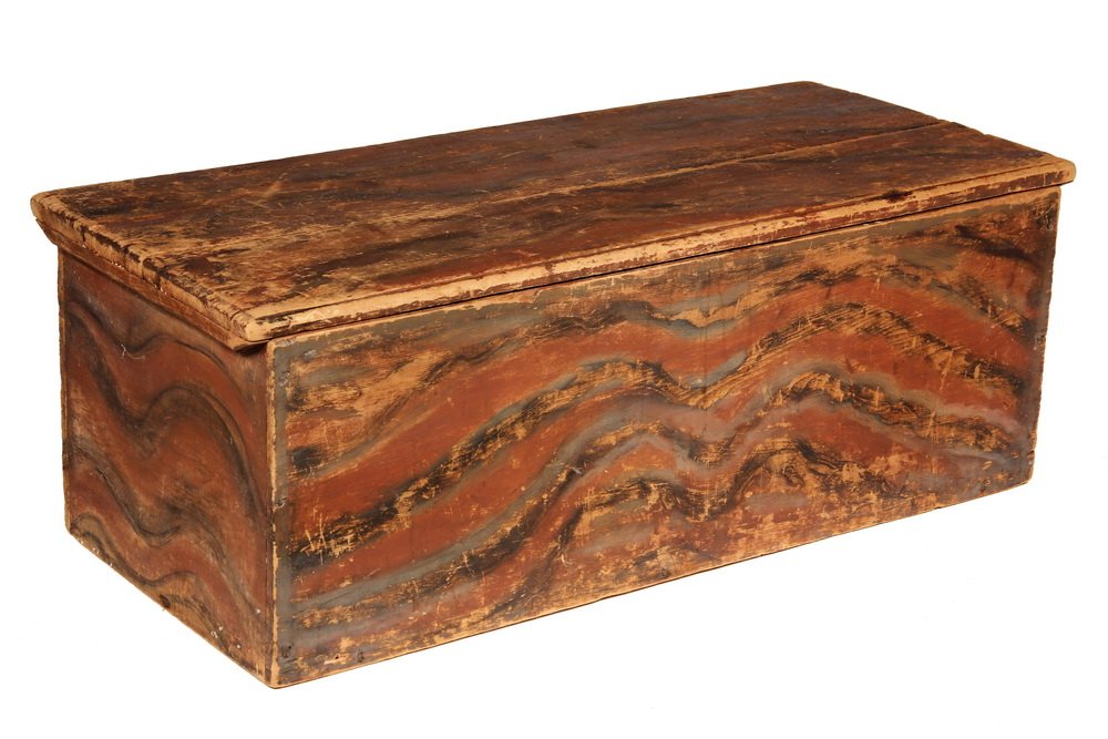 BLANKET BOX - 19th c. Maine Paint Decorated Pine: BLANKET BOX - 19th c. Maine Paint Decorated Pine Blanket Box in original old black and red surface, with molded edge lift lid, snipe hinges, covered till. 15" x 17" x 42". Shrinkage cracks to lid, age