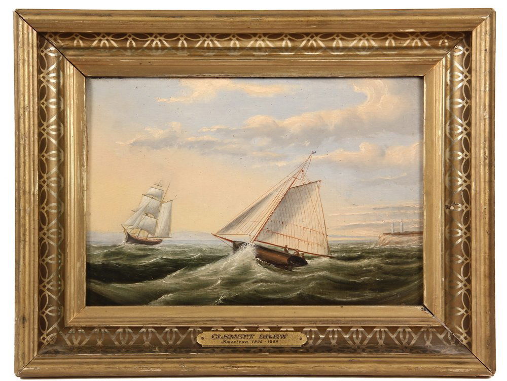 OIL ON COMPOSITION BOARD - Schooner Approaching a: OIL ON COMPOSITION BOARD - Schooner Approaching a Barque off the Cape Ann Lights by Clement Drew (MA, 1806-1899), unsigned, in etched gilt cover frame with name tag. OS: 13" x 17". SS: 8 1/2" x 12 1/2