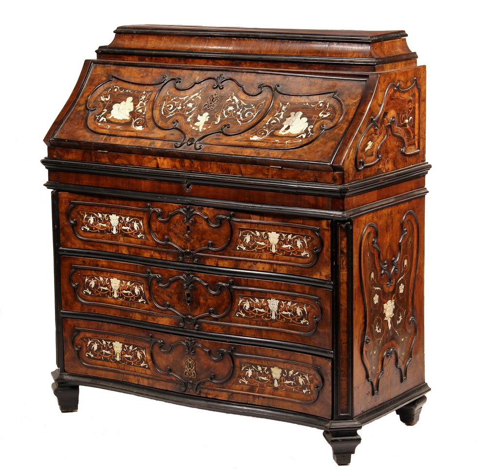 18TH C ITALIAN IVORY INLAID FALL FRONT DESK - Mahogany: 18TH C ITALIAN IVORY INLAID FALL FRONT DESK - Mahogany & Ebonized Trim Desk with crown top having hidden drawers, slant front inlaid with ivory putti, monkeys, dragons & vines, exotic wood panels, thr
