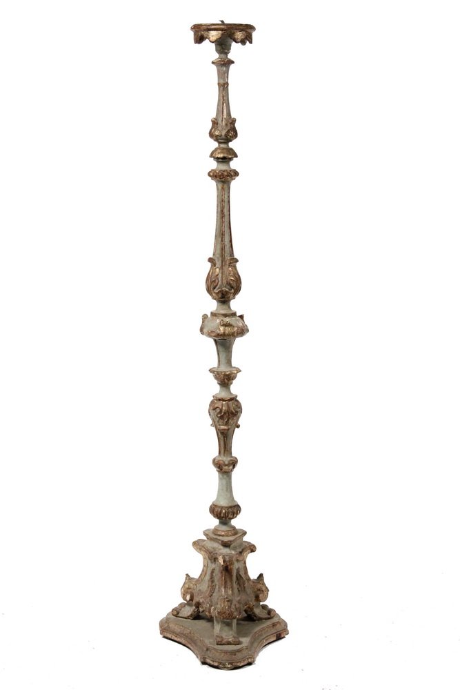 ITALIAN PRICKET CANDLE STAND - Early Polychrome: ITALIAN PRICKET CANDLE STAND - Early Polychrome Softwood Floor Candle Stand in Baroque Style, having pale green and gilt finish over gesso, 61" tall, 13" across at base, losses to paint, nice age pati