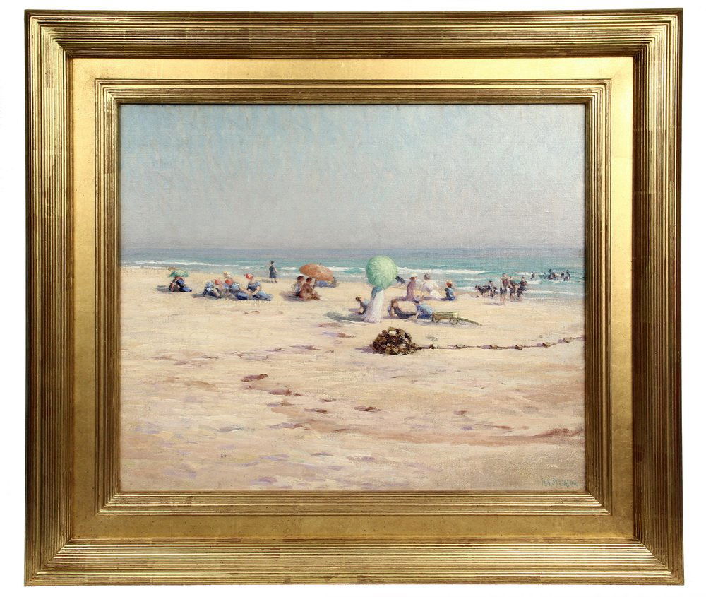 OIL ON CANVAS - California Beach by Harold Arthur: OIL ON CANVAS - California Beach by Harold Arthur Streator (OH/CA, 1861-1926), signed lr, in gilt ribbed paneled frame. OS: 28 1/2" x 32 1/2". SS: 19 1/2" x 23 1/2". Cleaned and relined.
