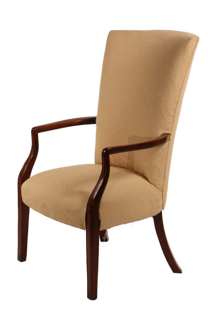 HEPPLEWHITE MAHOGANY LOLLING CHAIR - Period Mahogany: HEPPLEWHITE MAHOGANY LOLLING CHAIR - Period Mahogany Frame Armchair with curved & canted back, nicely shaped carved & molded arms, square tapered front legs, in soft yellow brocade, fourth quarter 18t