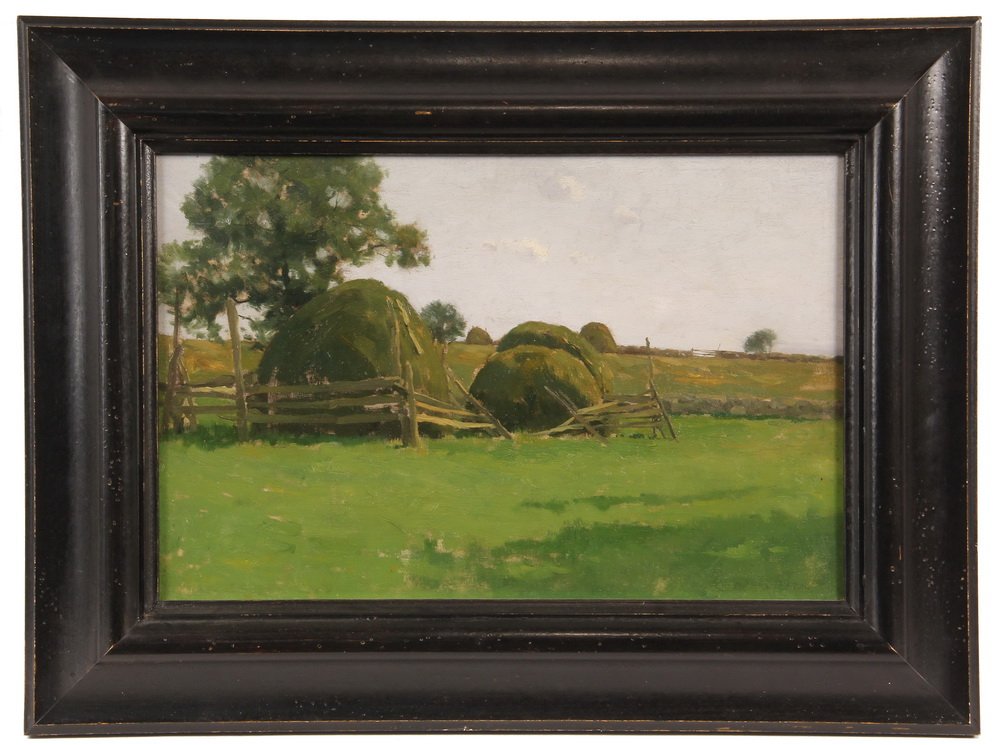 OIL ON CANVAS - "Haystacks" by Charles Warren Eaton: OIL ON CANVAS - "Haystacks" by Charles Warren Eaton (NY/NJ, 1857-1937), signed lr. In black ogee frame. OS: 18 1/4" x 24 1/4". SS: 11 1/4" x 17 1/4". Cleaned and relined.