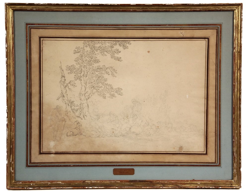 INK & GRAPHITE ON PAPER - Herdsmen Gathering Under: INK & GRAPHITE ON PAPER - Herdsmen Gathering Under Tree, attributed to Nicolas Lancret (France, 1690-1743), in vintage water gilt molded frame, french-lined mats, glazed. OS: 17" x 21 1/2". SS: 10 1/4