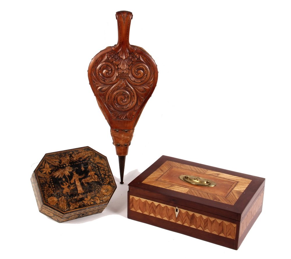 (2) WOOD BOXES & BELLOWS - 19th c. Marquetry Inlaid: (2) WOOD BOXES & BELLOWS - 19th c. Marquetry Inlaid Document Box with brass handle on lid, ivory escutcheon & key, 4" x 11" x 8"; Octagonal Chinese Inlaid Box w/ key, 2" x 8" x 6 1/2"; Carved Bellows,